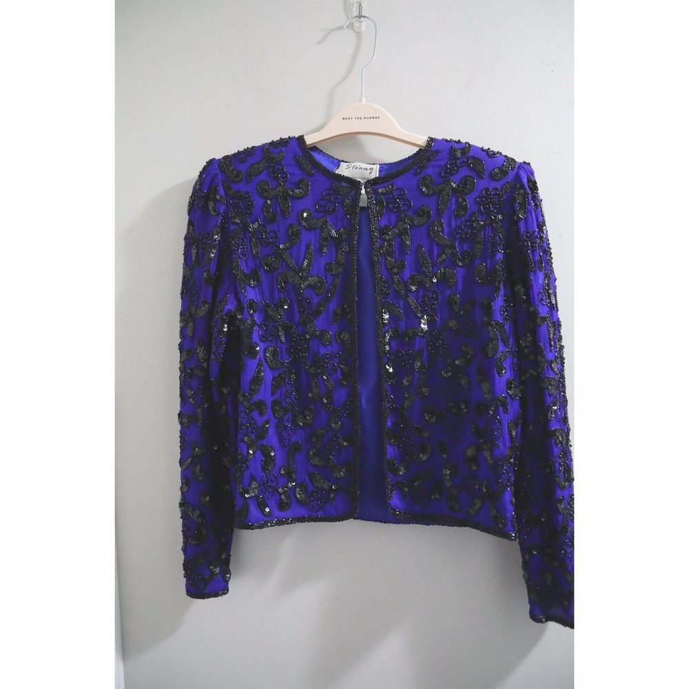 Stenay Vintage Royal Blue Silk Beaded Sequin Cropped Evening‎ Jacket S